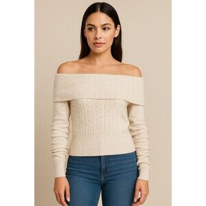 Off-Shoulder Cable Knit Sweater – Size S – Oatmeal Heather – NWT Jessica Simpson